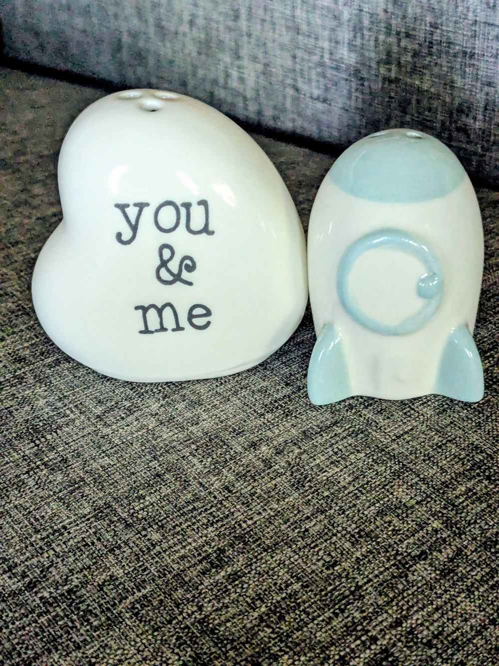 Heart & Rocket Salt and Pepper Shakers - White and Pale Blue